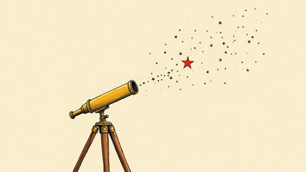 Ilustración de un telescopio antiguo apuntando a una constelación, con una estrella roja