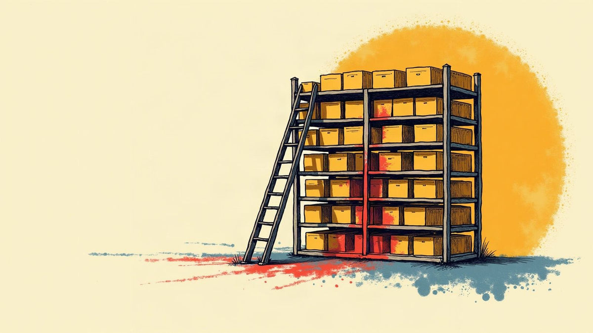 Ilustración editorial sobria de una lupa sobre una cuadrícula de tarjetas de anuncios, con notas a mano al margen