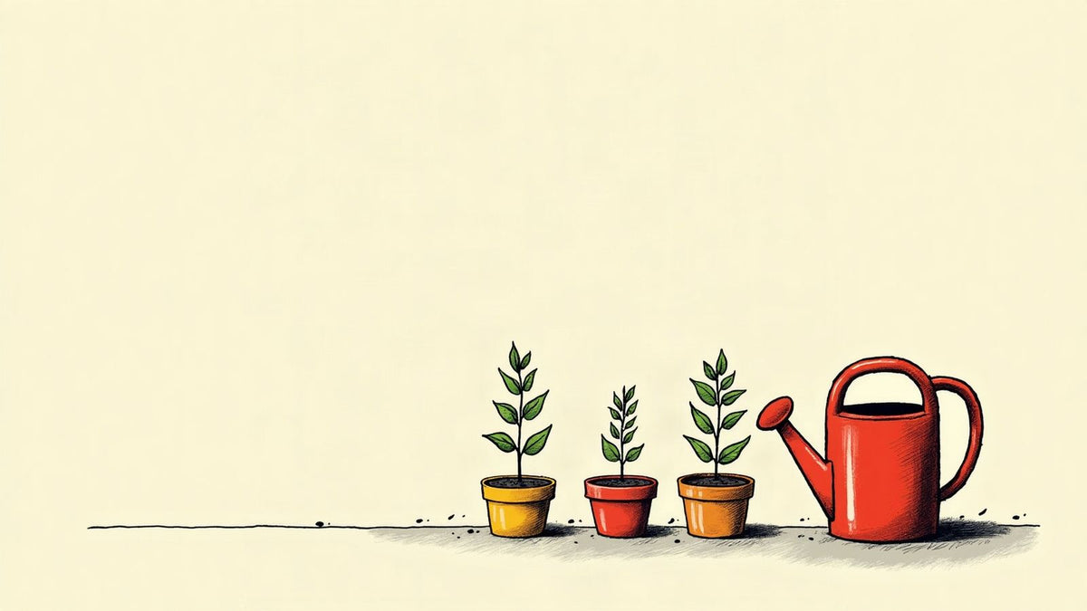 Ilustración editorial sobria: tres tarjetas de anuncio en blanco sobre una mesa, unidas por líneas finas a dos columnas de texto y dos titulares, en tonos neutros