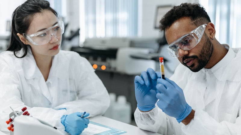 Dos científicos con lentes de protección analizando muestras en un laboratorio