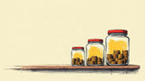 Ilustración editorial sobria de tres frascos de vidrio de distinto tamaño que reciben las mismas monedas desde una sola mano