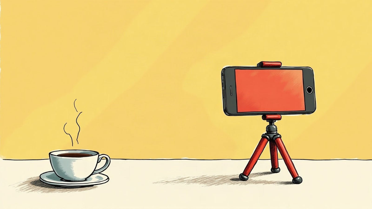 Ilustración de un teléfono sobre un trípode rojo apuntando a una taza de café