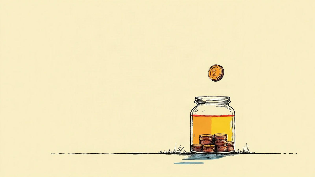 Ilustración de un frasco de vidrio llenándose de monedas hasta una marca